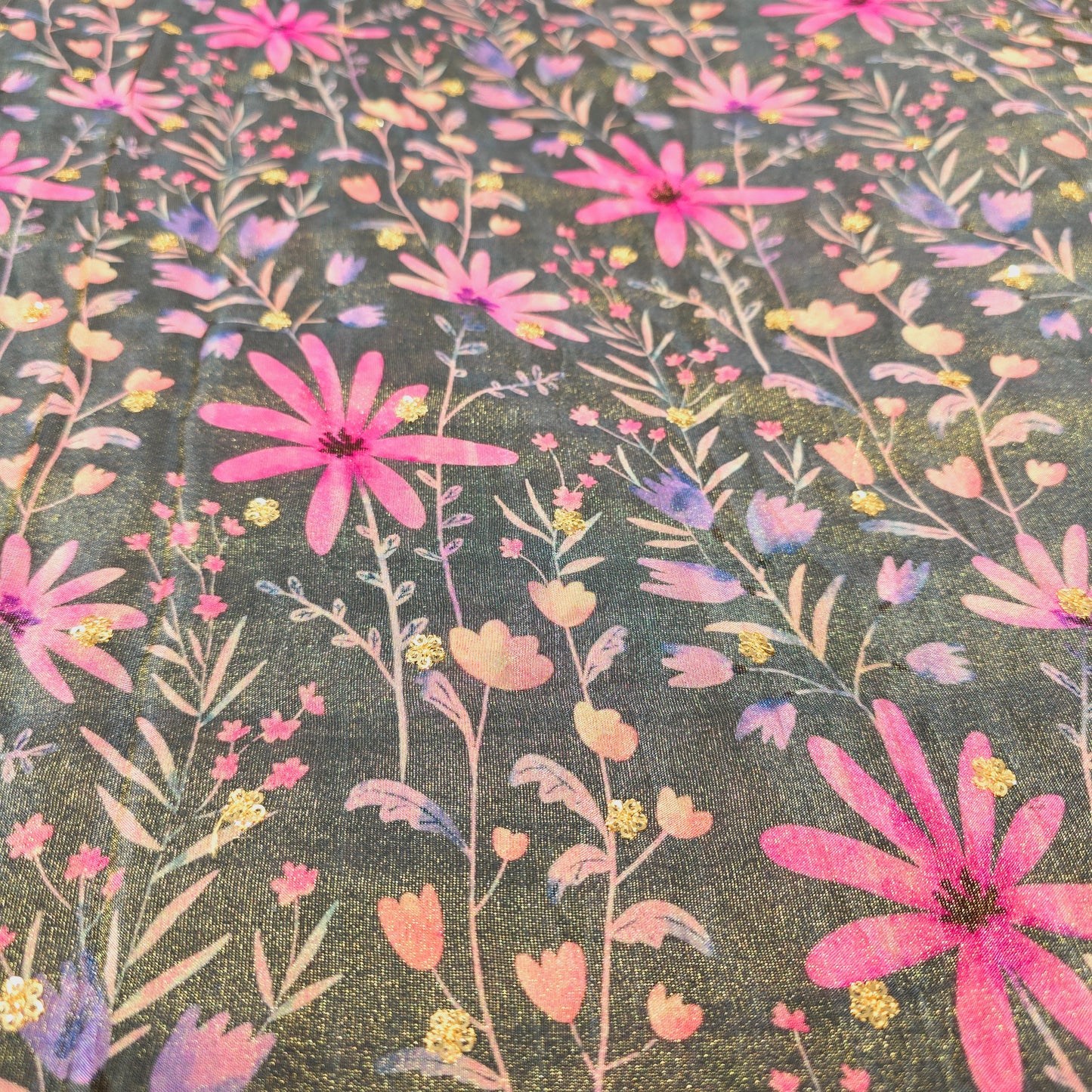 Tissue with Flower Print and Sequence (Black/Pink)