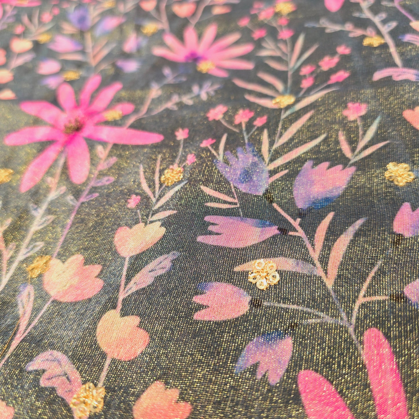 Tissue with Flower Print and Sequence (Black/Pink)