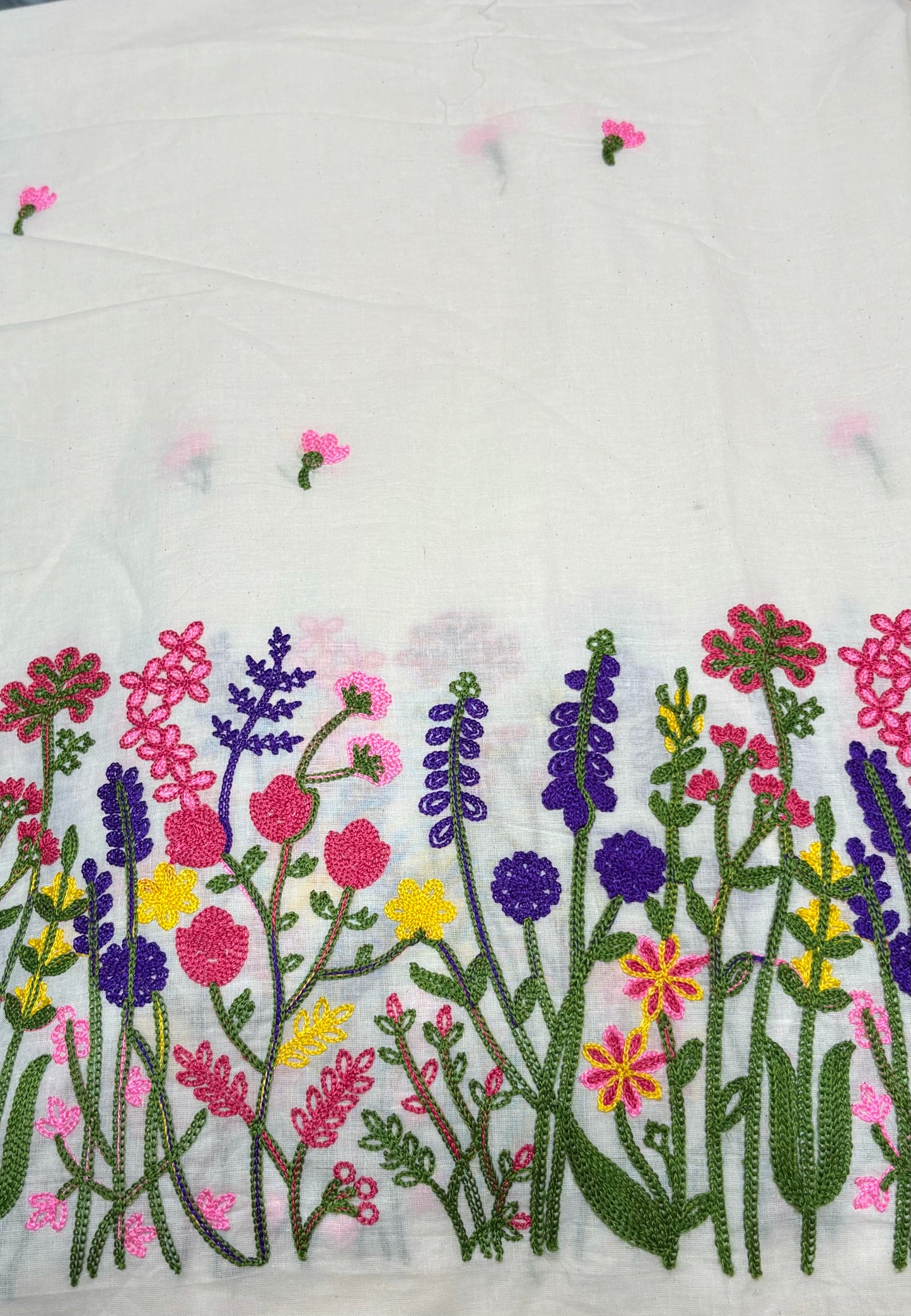 Floral Thread work on Kora cotton