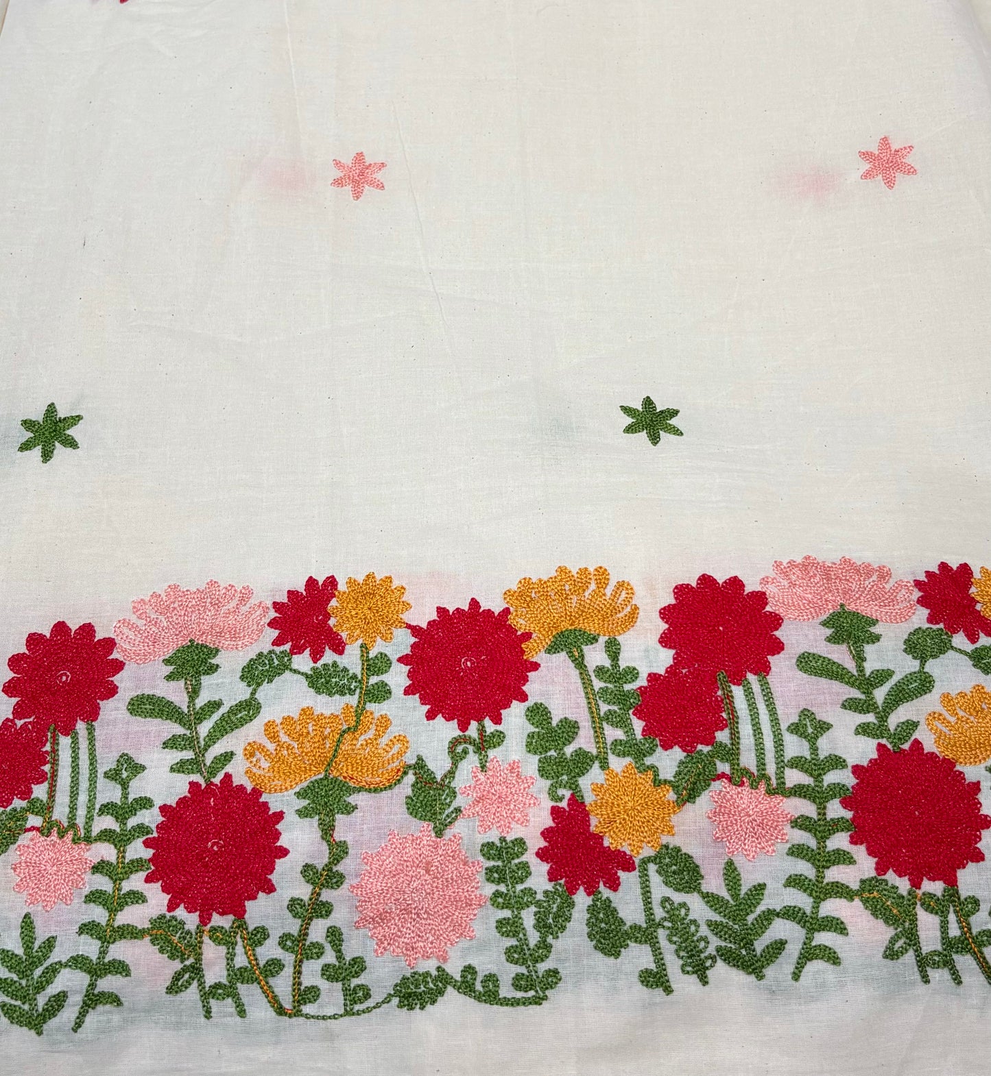 Floral Thread work on Kora cotton