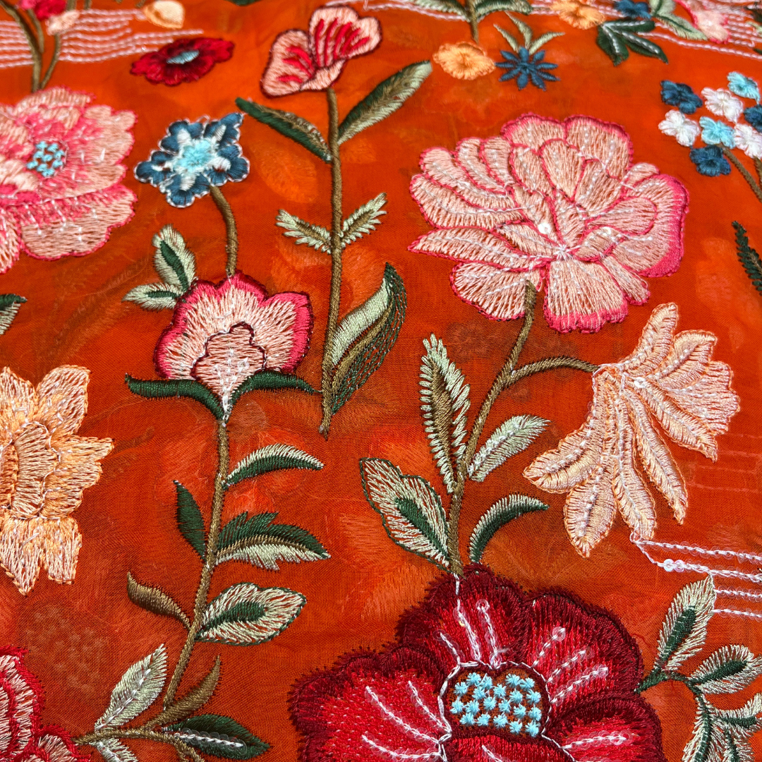 Organza thread work with flowers detailing (burgundy, orange, wine red, mehandi green)