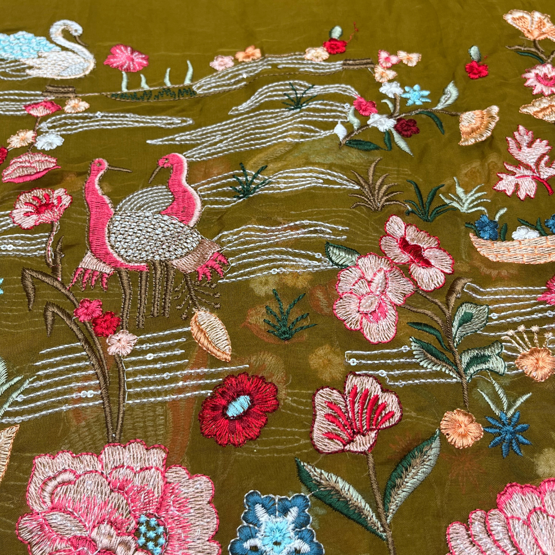 Organza thread work with flowers detailing (burgundy, orange, wine red, mehandi green)
