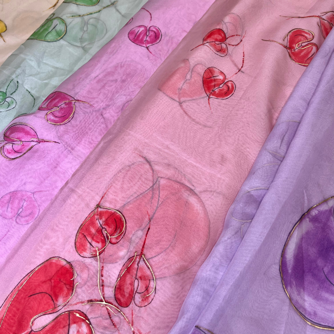 Soft Organza Leaf print (orange, green, pink, purple, yellow )