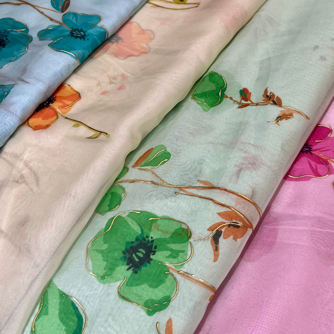 Soft Organza flower print (blue, yellow, green, purple, pink, orange)