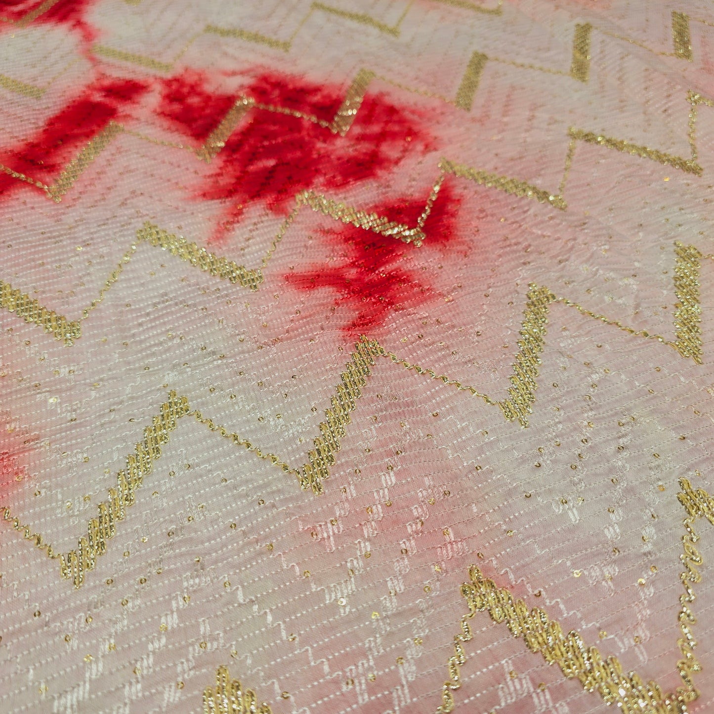 Silk with sequence design & Threadwork (Red/Baby Pink)