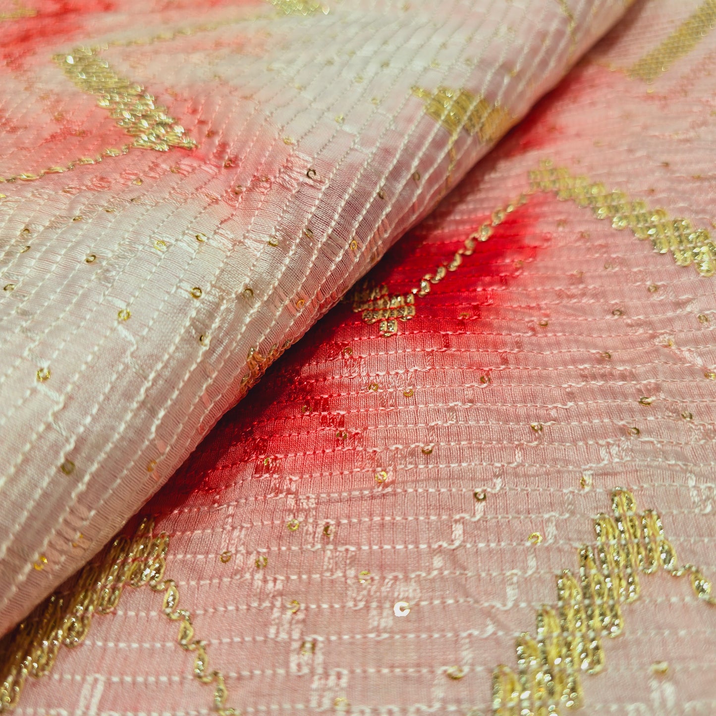 Silk with sequence design & Threadwork (Red/Baby Pink)