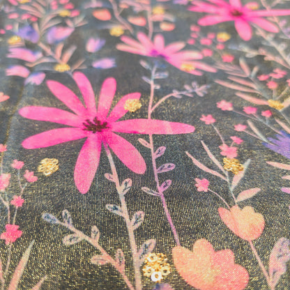 Tissue with Flower Print and Sequence (Black/Pink)