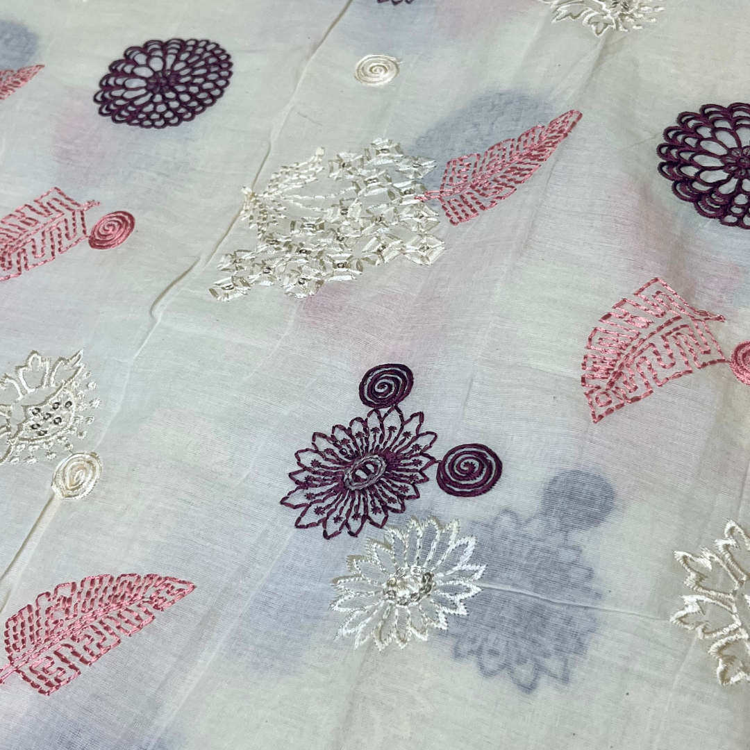 Cotton thread with sequins, leaf and flower prints( green, pink and white, yellow & mustard)