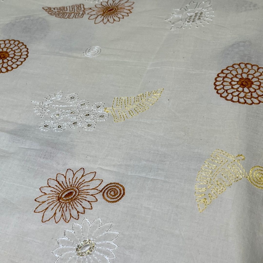 Cotton thread with sequins, leaf and flower prints( green, pink and white, yellow & mustard)