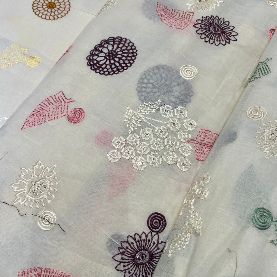 Cotton thread with sequins, leaf and flower prints( green, pink and white, yellow & mustard)