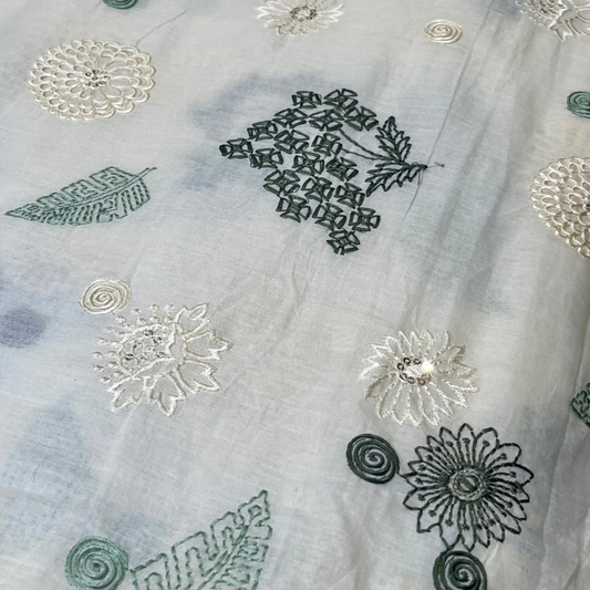 Cotton thread with sequins, leaf and flower prints( green, pink and white, yellow & mustard)