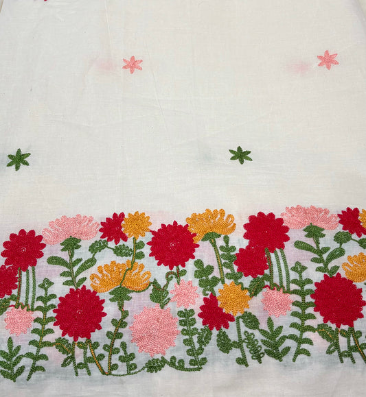 Floral Thread work on Kora cotton