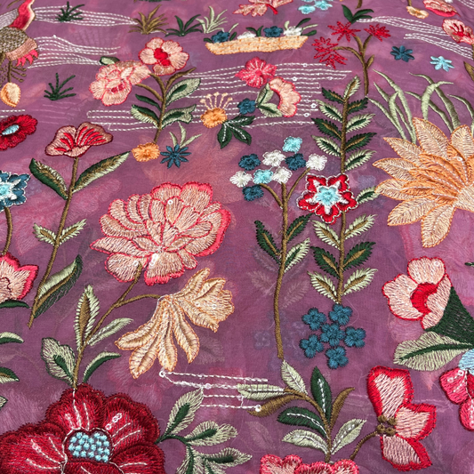Organza thread work with flowers detailing (burgundy, orange, wine red, mehandi green)