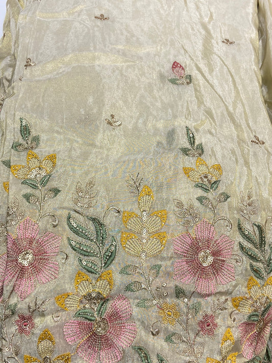 GLASS TISSUE FABRIC with aari, zari and cutpipes work